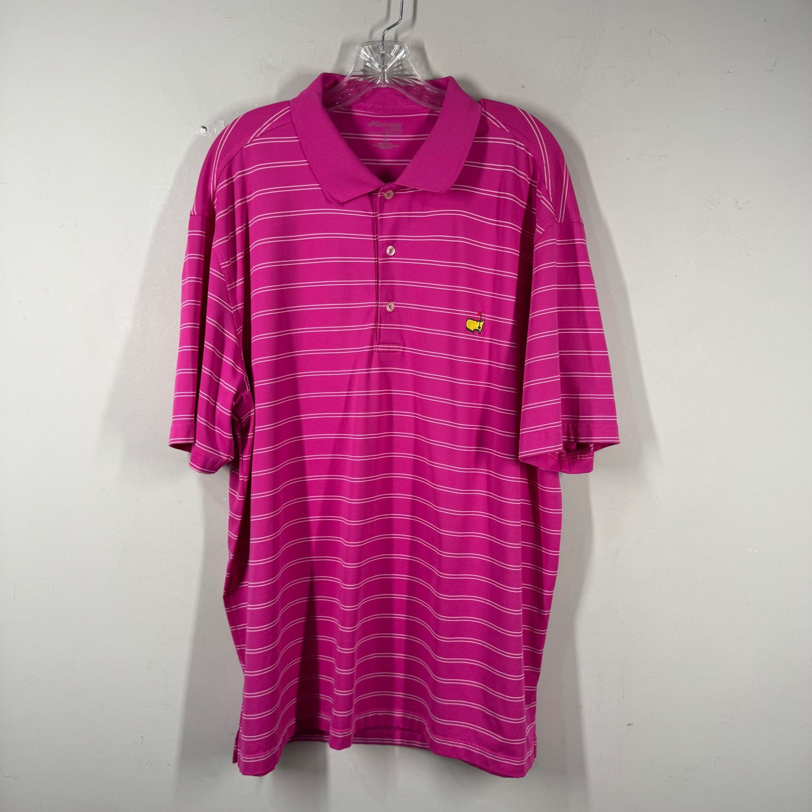 Masters Tech Mens Xl Pink Striped Short Sleeve Golf Polo Shirt Tournament Logo